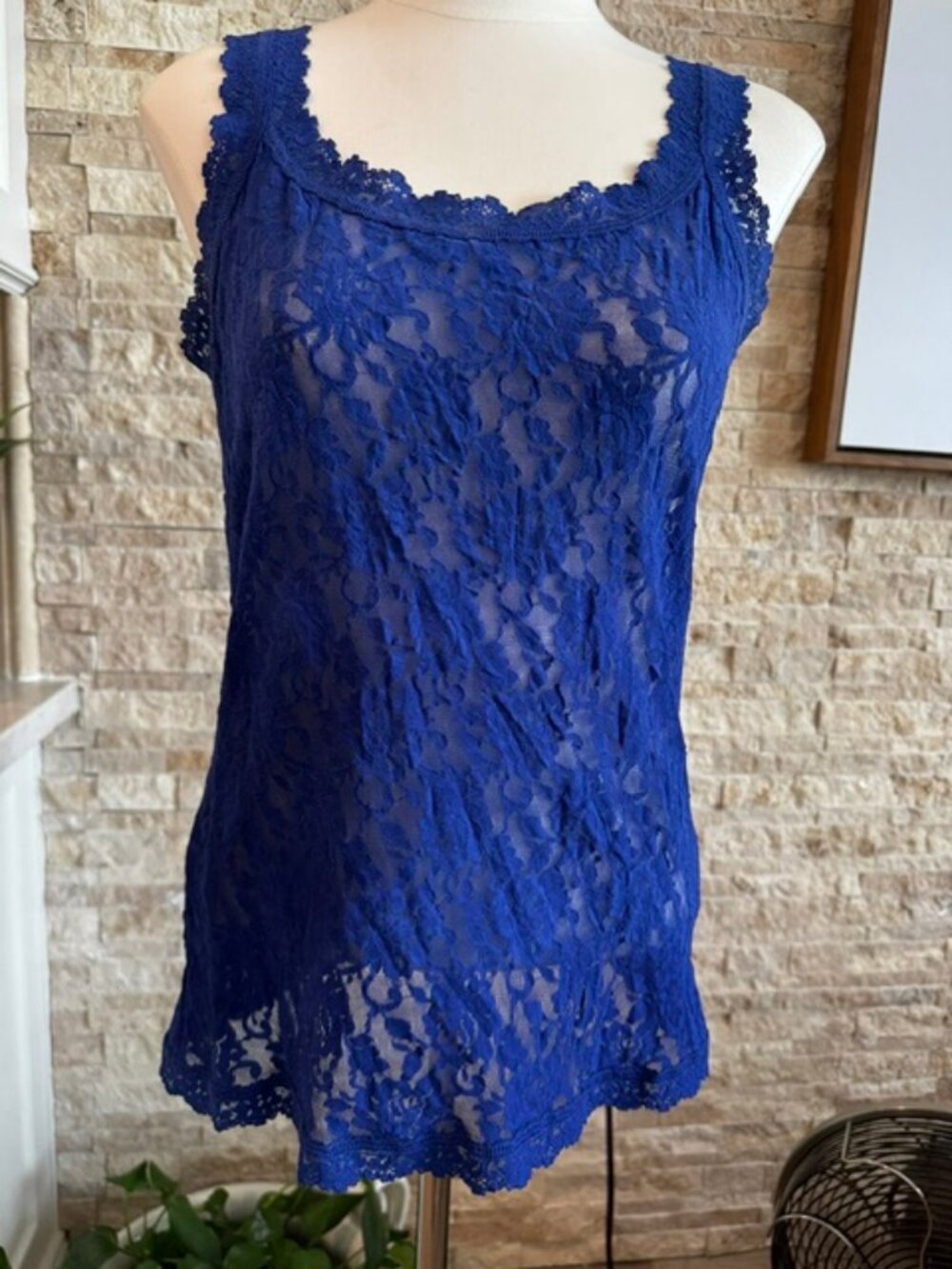 Hanky Panky Signature Lace Unlined Camisole Tank NavyBlue Stretch Scallop Trim L